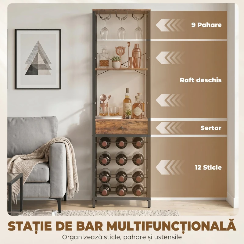 HOMCOM Dulap de Bar, Mobilier de Bar cu Sertar și Suport pentru Pahare, Maro Rustic