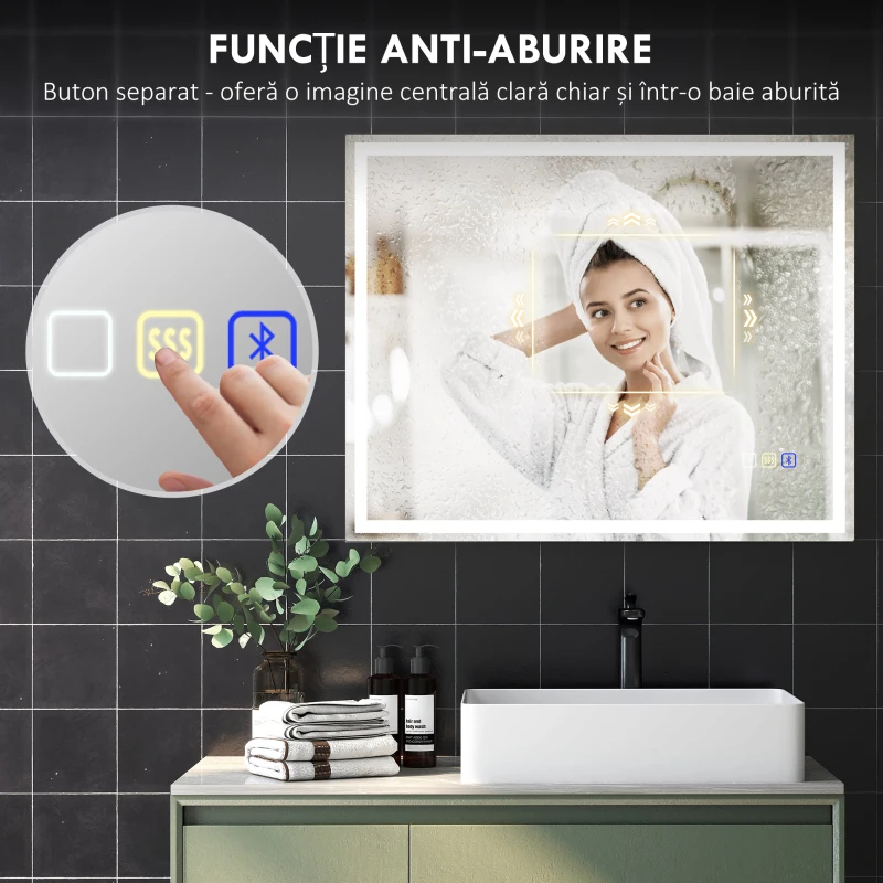 HOMCOM Oglindă de baie anti-aburire cu lumină LED reglabilă, difuzor Bluetooth, butoane tactile, 80x100 cm