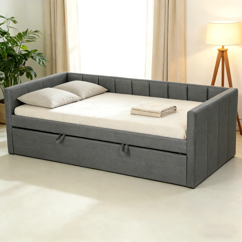 HOMCOM Pat de o persoană cu al doilea pat glisant, tapițerie din material textil și cotiere, 205x181x70 cm, gri închis