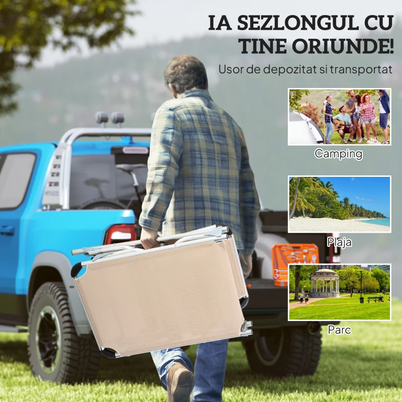 Outsunny Șezlong de plajă, Pliabil cu suport pentru cap, spătar reglabil, aluminiu și textilene, bej
