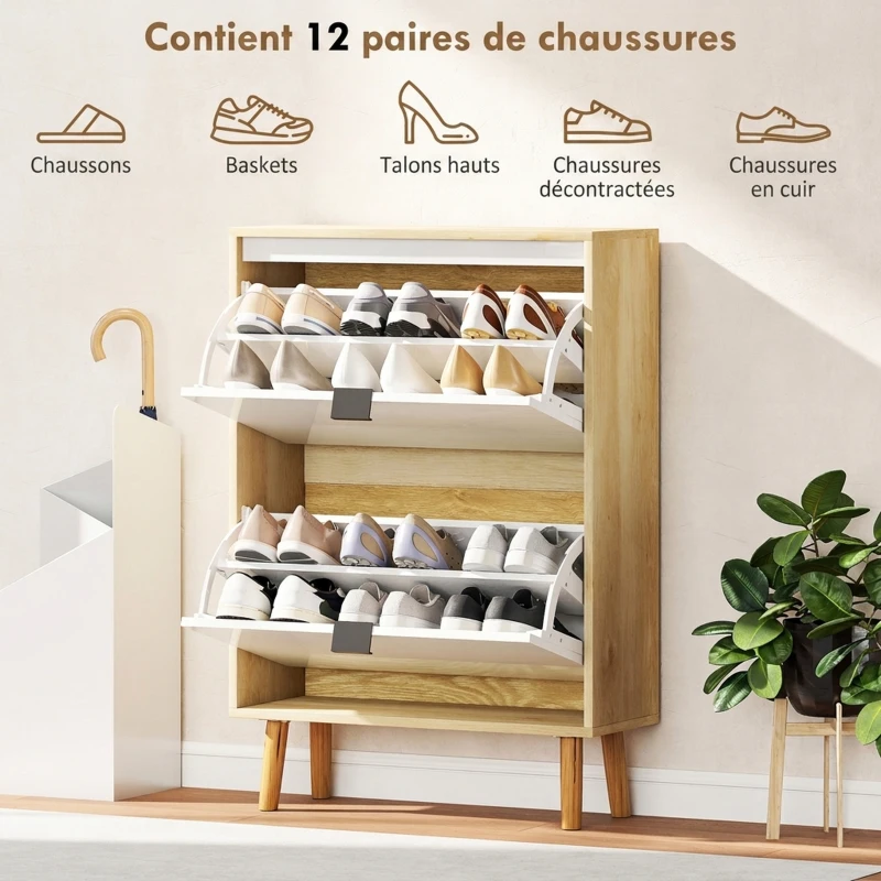 HOMCOM Meuble à chaussures, armoire à chaussures étroite, 2 tiroirs rabattables, portes haute brillante, 60x24x91cm, blanc
