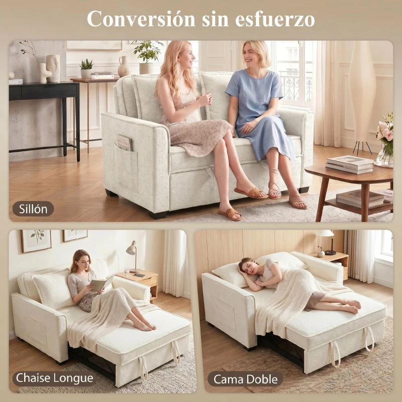 HOMCOM Sofá Cama 2 Plazas 3 en 1 con Respaldo Ajustable Bolsillos Laterales 2 Almohadas para Sala de Estar Blanco Crema