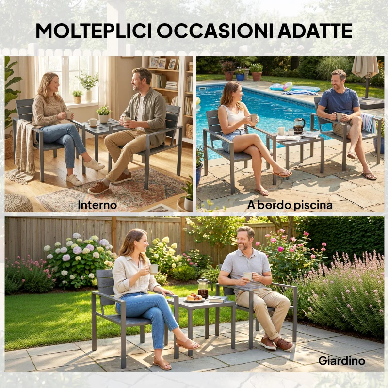 Outsunny Set da Giardino 3pz con 2 Sedie da Esterno e Tavolino da Caffè, in HDPE e Metallo, Grigio Scuro