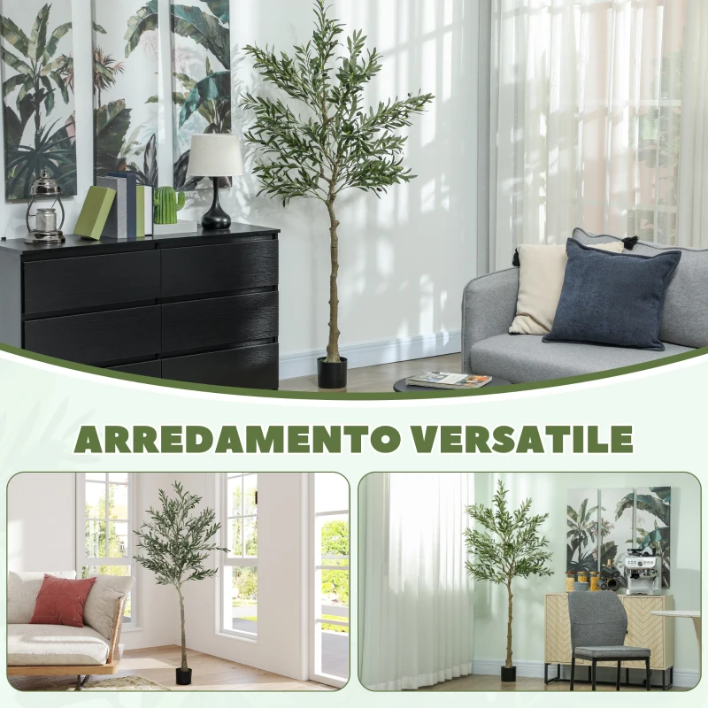 HOMCOM Pianta Artificiale di Olivo Alta 180 cm, Albero Finto con 900 Foglie e 40 Olive, Vaso Incluso
