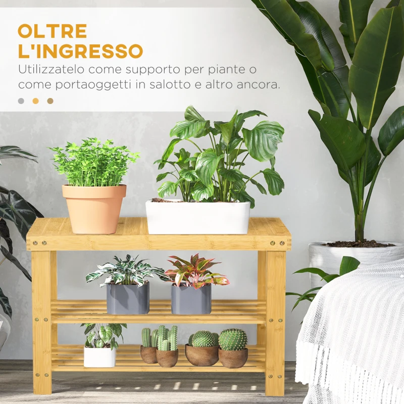 HOMCOM Panca Scarpiera Bassa in Bambù con 2 Ripiani a Doghe e Seduta, 70x28x45 cm, Naturale