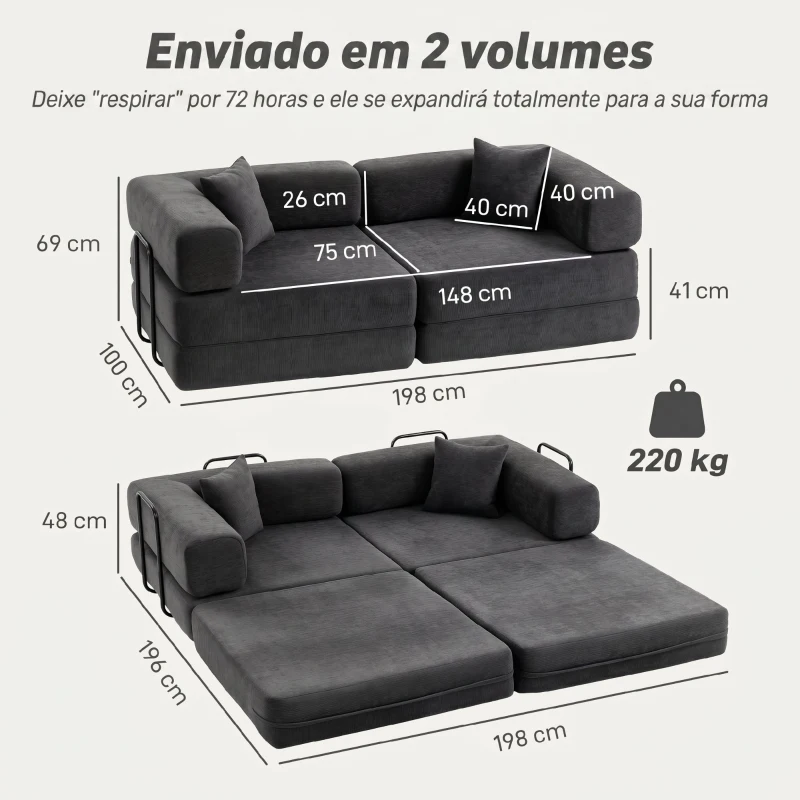 HOMCOM Sofá Cama de 2 Lugares Dobrável Estofado em Chenilla com 2 Almofadas Braços Largos Acolchoamento Grosso  Cinzento Escuro