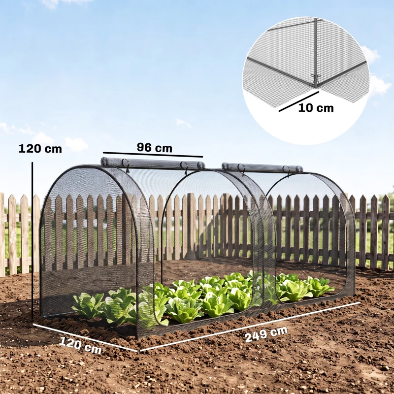 Outsunny 2,49 x 1,2 m Gartennetz, Pflanzenschutzzelt mit Tür, Winddichtes Schädlingsschutznetz mit Stahlrahmen, Schwarz