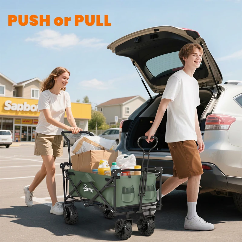Outsunny 180L Festival Trolley on Wheels, Push & Pull Beach Cart with Removable Canopy, Wide All-Terrain Wheels, Folding Camping Trolley Cart, Adjustable Handle for Garden Fishing Shopping, Green