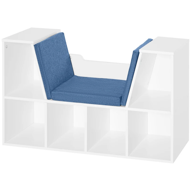 HOMCOM Estante para Livros com Banco Integrado e 6 Cubos Estante Infantil com Assento 102x30x61 cm Branco e Azul