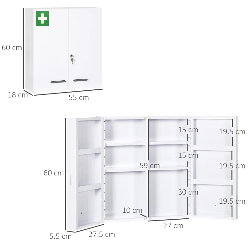 kleankin Dulap pentru medicamente cu 6 rafturi, cu încuietoare și 2 chei, din oțel, 55x18x60 cm, alb