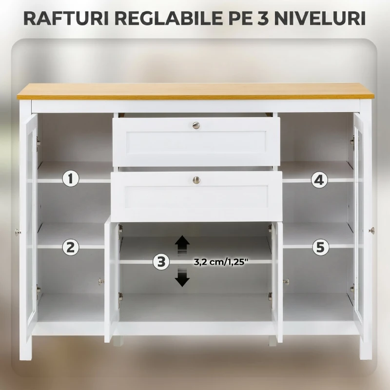 HOMCOM Mobilier de Bucătărie cu 2 Sertare și 3 Dulapuri, Uși din Sticlă și Rafturi Ajustabile, 120x40x90 cm, Alb și Stejar