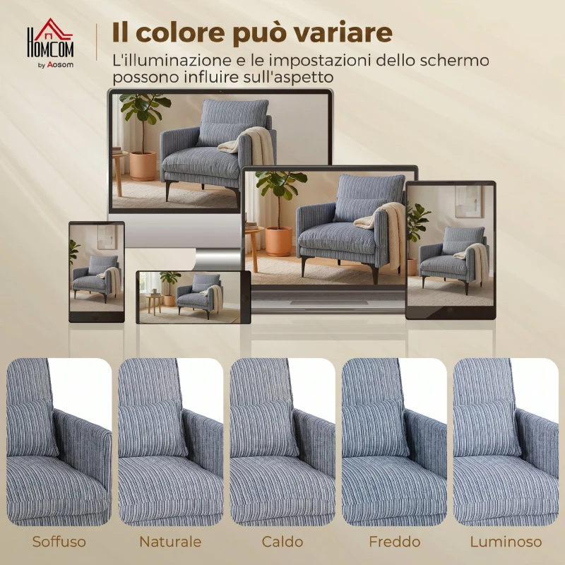 HOMCOM Poltrona Salotto Imbottita in Tessuto Effetto Lino con Braccioli, Cuscino Lombare e Seduta Ampia, Blu