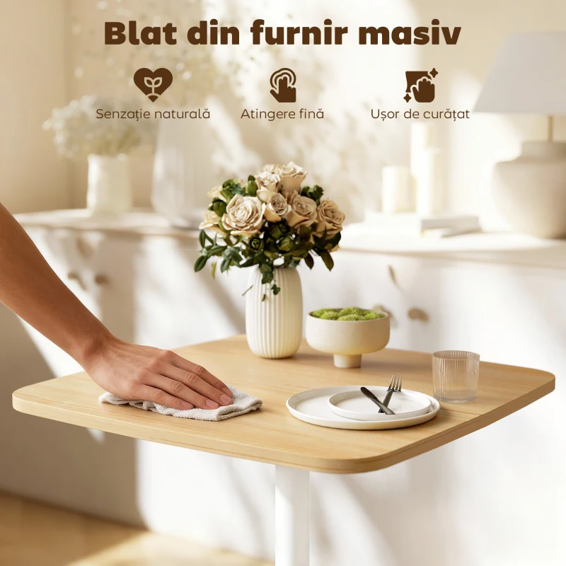 HOMCOM Masă de Bucătărie Pătrată 60 cm, Blat Efect Lemn, Bază din Oțel și Picioare Antiderapante, Lemn Natur