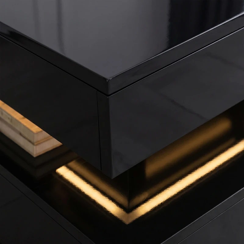 HOMCOM LED Coffee Table with Storage, 2-Tier Modern Centre Table with Open Shelf and Remote for Living Room, High Gloss Black