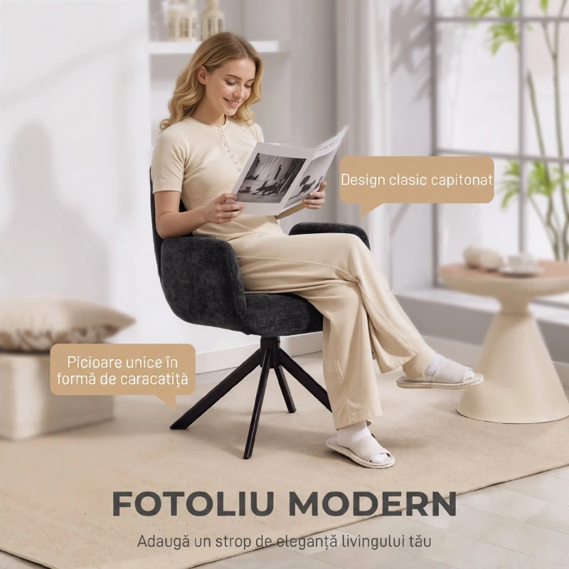 HOMCOM Fotoliu Rotativ pentru Dormitor, Material Textil cu Aspect de In și Picioare Înclinate din Oțel, Negru