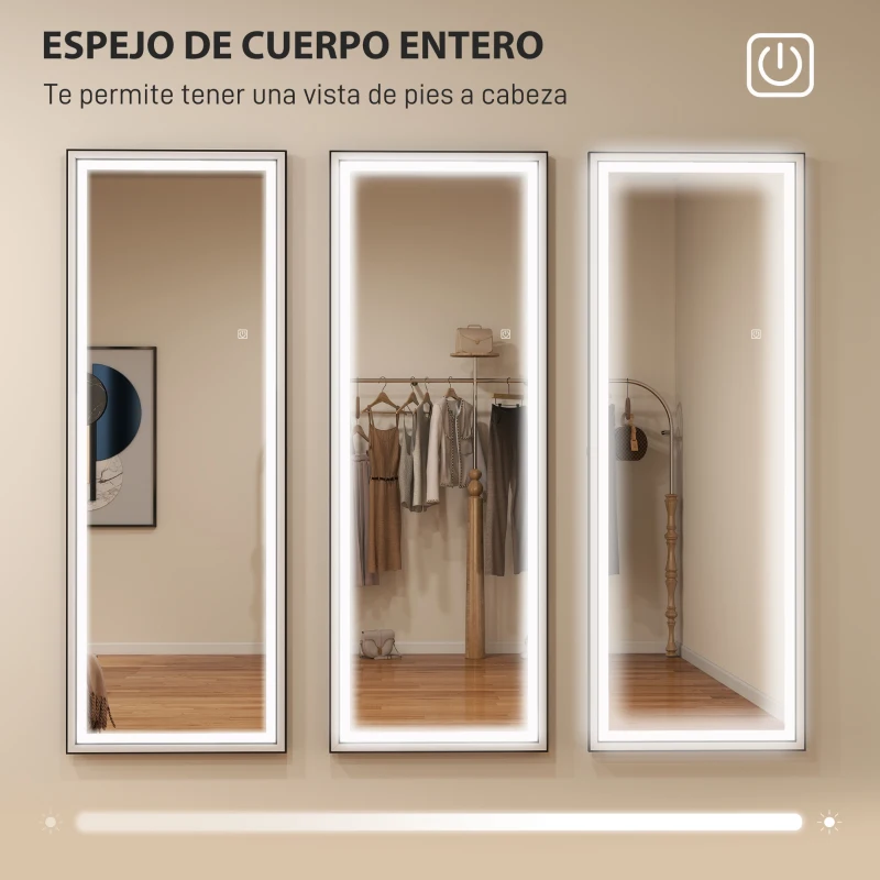 HOMCOM Espejo de Pie Cuerpo Entero con Luces 165x60 cm de Pie o de Pared 3 Temperaturas de Color Ajustables Blanco y Negro