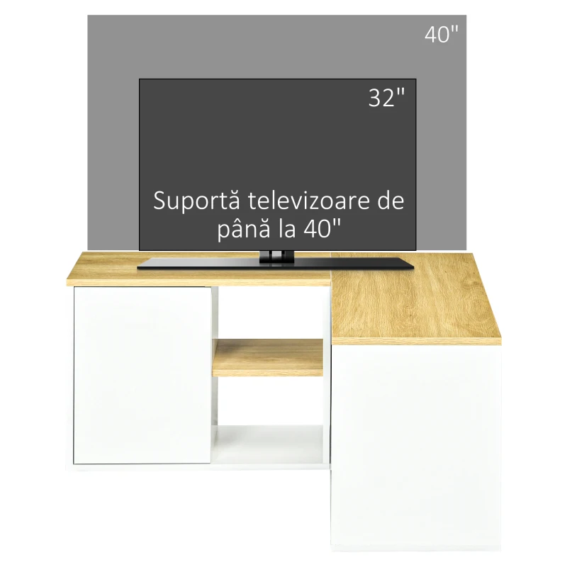 HOMCOM Mobilier TV în formă de L pentru televizoare de până la 40", cu 3 rafturi deschise și 2 dulapuri, din PAL, 90x90x45 cm