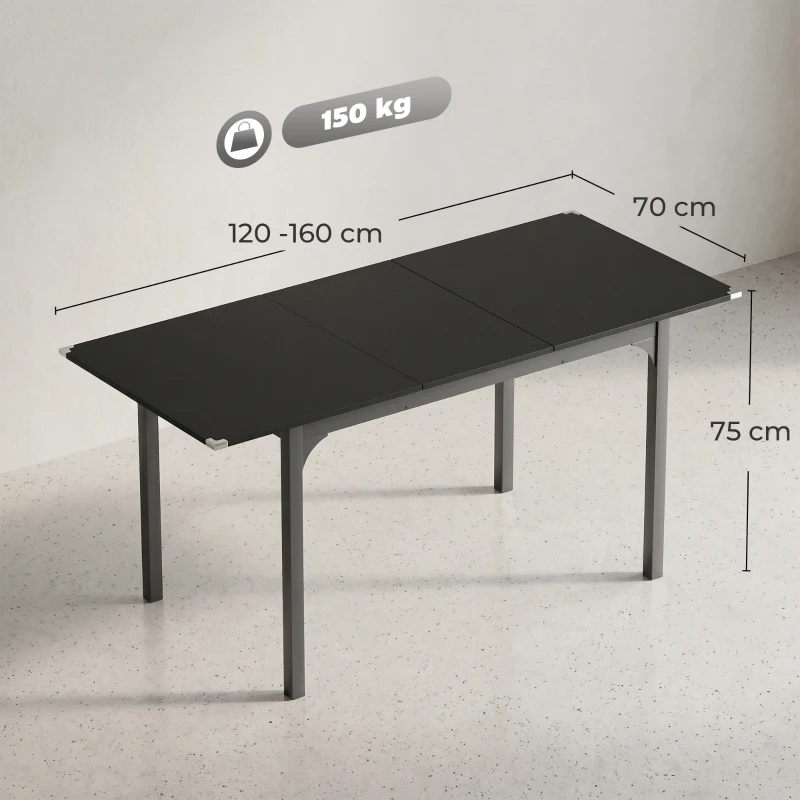 HOMCOM, Masă Extensibilă, Expandabilă de la 120-160 cm cu Picioare, din MDF, Oțel, 160x70x75cm, Negru
