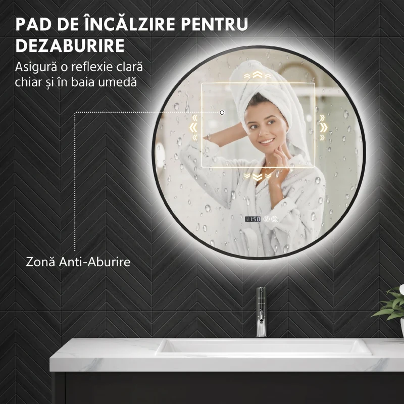 HOMCOM Oglindă de baie cu lumină LED reglabilă, antiaburire și afișaj pentru oră și temperatură, Ø70 cm, negru