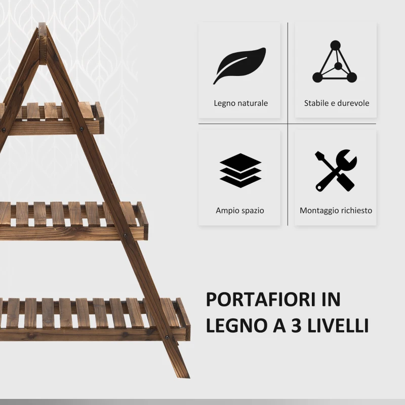 Outsunny Scaffale Porta Vasi a Piramide, Piedistallo per Piante/Fiori, con 3 Ripiani, 86x28x100cm Marrone