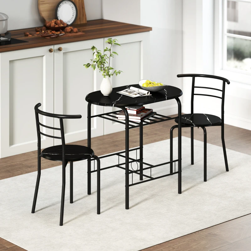 HOMCOM Set Masă Modernă cu 2 Scaune pentru Dining, Set 3 Piese Economisitoare de Spațiu, Negru