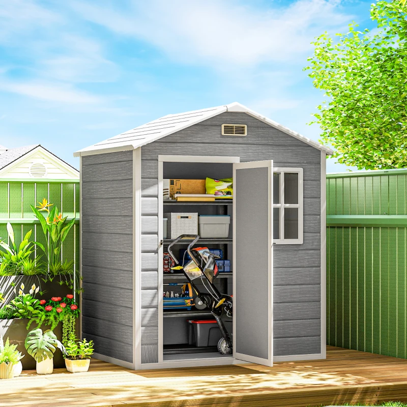 Outsunny 6 x 4ft Plastic Shed with Floor, Wood Effect Resin Garden Shed with Window, Lockable Door, Lock and Keys, Vents, All Weather Resistant for Outdoor, Patio, Lawn, Grey