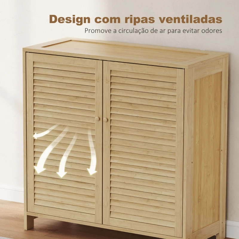 HOMCOM Armário para Sapatos de Bambu com Portas de Ripas Capacidade para 14 Pares Prateleiras Ajustáveis Madeira