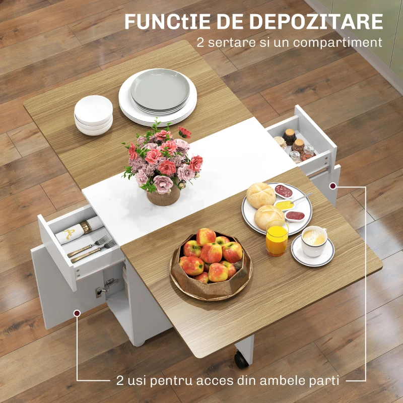 HOMCOM Masă dreptunghiulară extensibilă cu 2 sertare și un dulap din lemn, 140x76x74 cm, alb și lemn natural