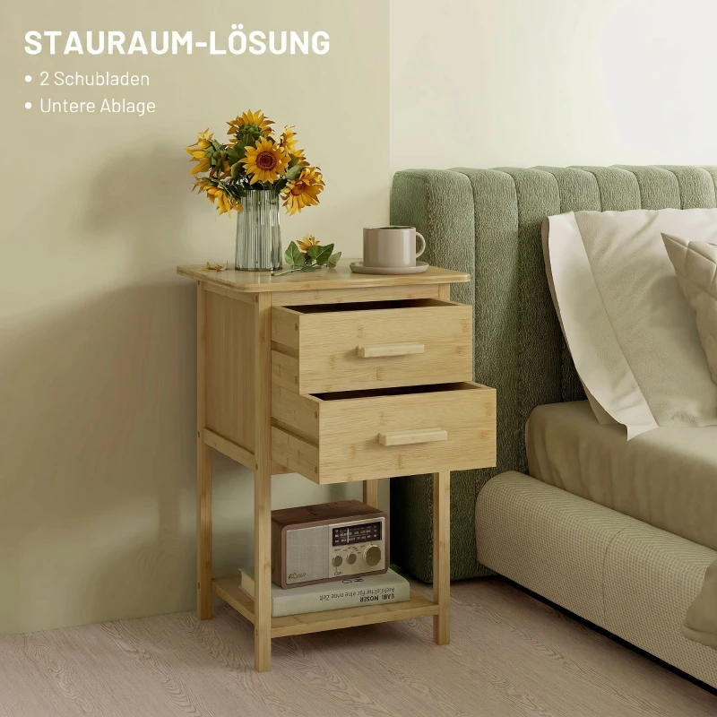 HOMCOM Set 2 noptiere cu 2 sertare și raft inferior în stil nordic, din bambus, 40x34x60 cm