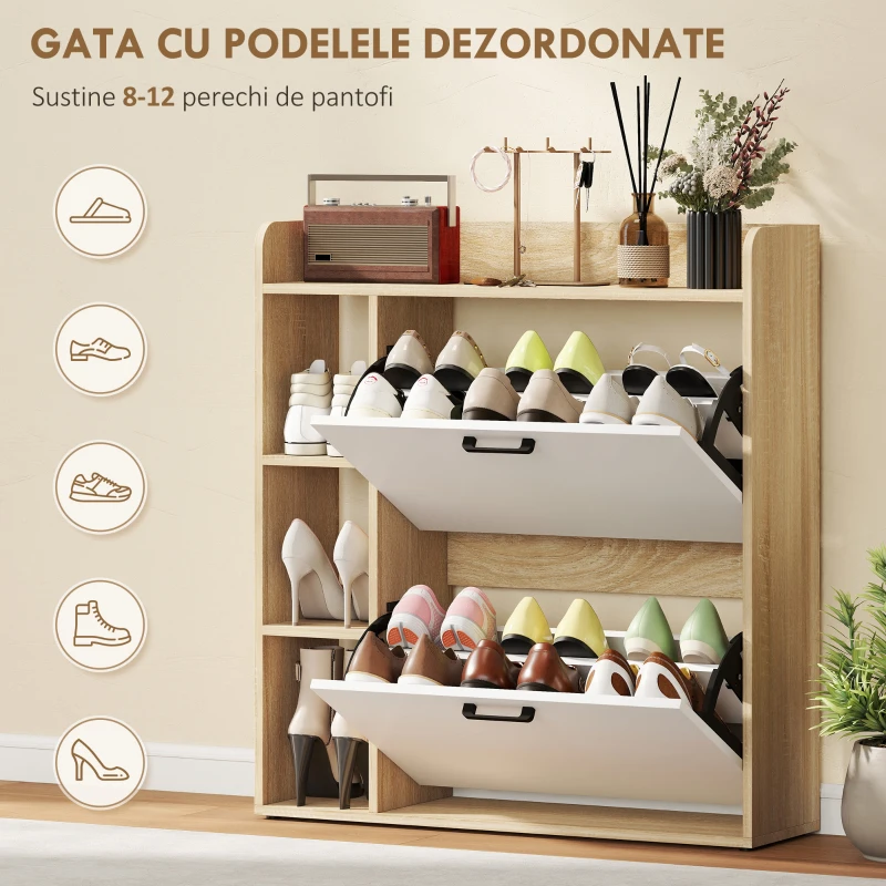 HOMCOM Dulap Slim pentru Pantofi cu 2 Sertare Rabatabile și 3 Compartimente, Capacitate 15 Perechi, 83x24x90,5 cm, Lemn și Alb