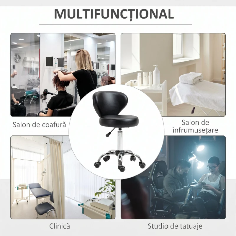 HOMCOM Taburet Rotativ 360° Reglabil, Taburet Cosmetic cu Spătar, din Oțel și Piele Ecologică, Negru