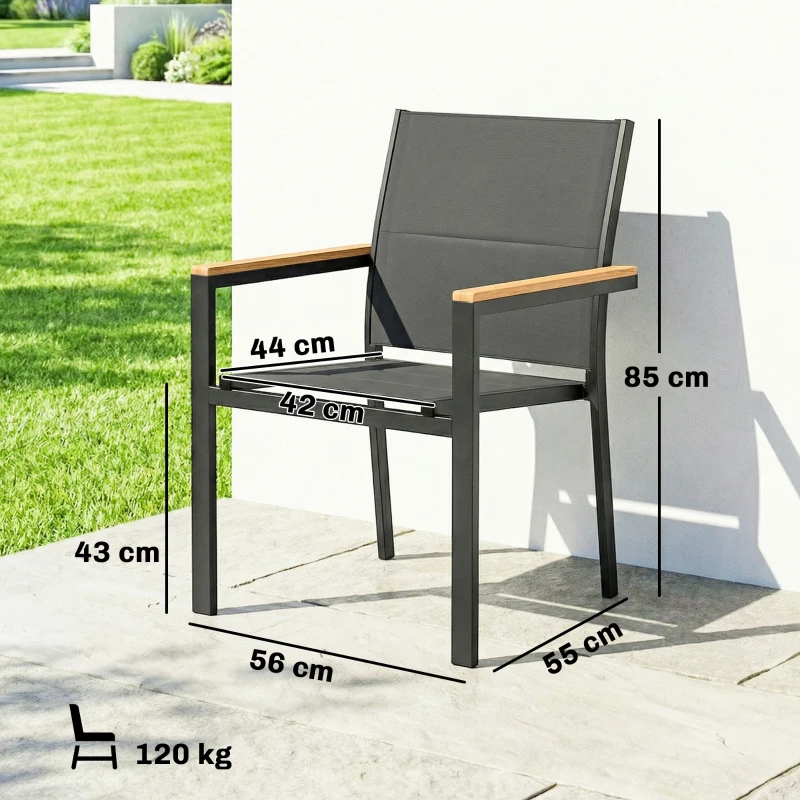 Outsunny Lot de 2 Chaises de Jardin Empilables, Assise et Dossier Rembourrés, Accoudoir en Bois Plastique, 56x55x85cm, Gris Foncé