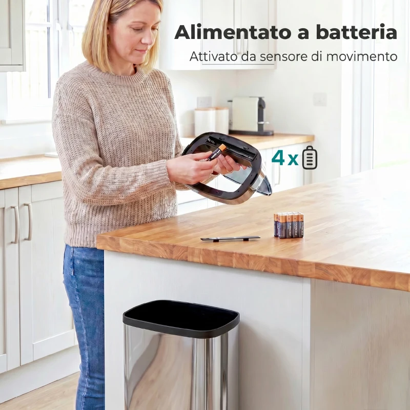 HOMCOM Cestino Spazzatura da 50L con Sensore, Pattumiera Intelligente con Apertura e Chiusura Automatica, Bidone per Rifiuti in Acciaio, 33x25x84 cm, Argento