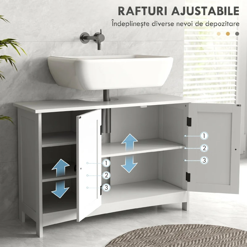 kleankin Dulap sub chiuvetă pentru baie cu 2 uși și 3 rafturi deschise din lemn, 90x30x60cm, alb(m-5)