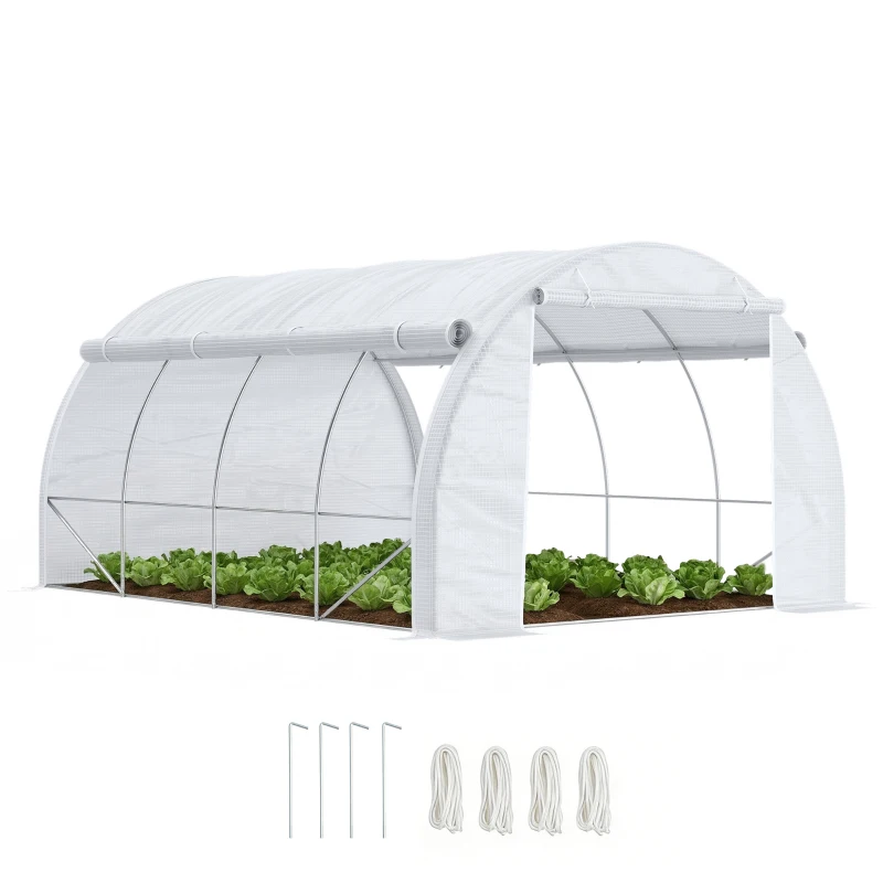 Outsunny Serre de jardin serre tunnel 12 m² avec porte, parois latérales enroulables 8 fenêtres acier PE  4 x 3 x 2 m blanc