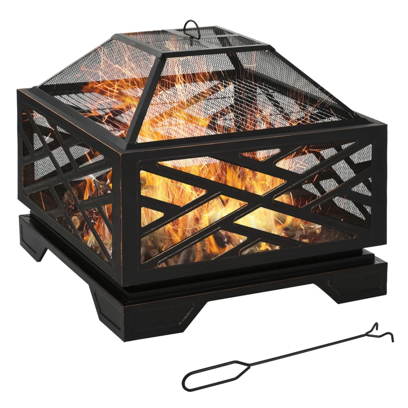 Outsunny Feuerschale mit Funkenschutz, Grillrost, Schürhaken, quadratisch, Stahlgehäuse, schwarz, 66 x 66 cm