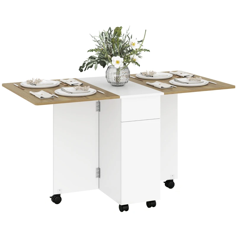 HOMCOM Masă dreptunghiulară extensibilă cu 2 sertare și un dulap din lemn, 140x76x74 cm, alb și lemn natural