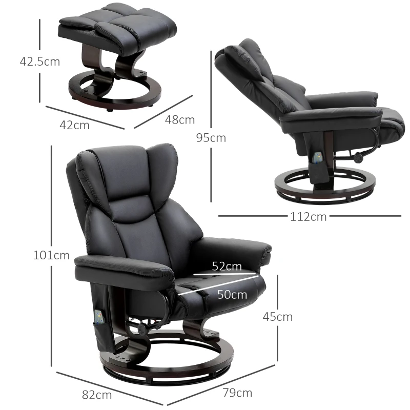 HOMCOM Fotoliu Relax cu Taburet Suport pentru Picioare și Funcție de Masaj, Rabatabil la 145° și Rotativ la 360°, Negru