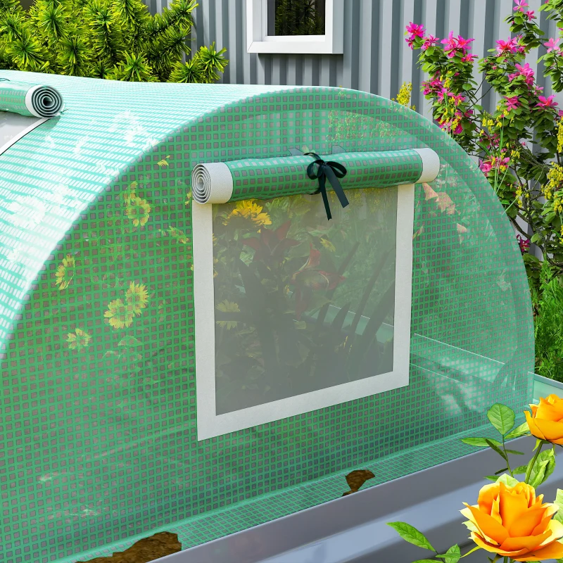 Outsunny Mini Greenhouse, Portable Tunnel Green House, Green Grow House Steel Frame with 5 Mesh Windows, 3 M, Green