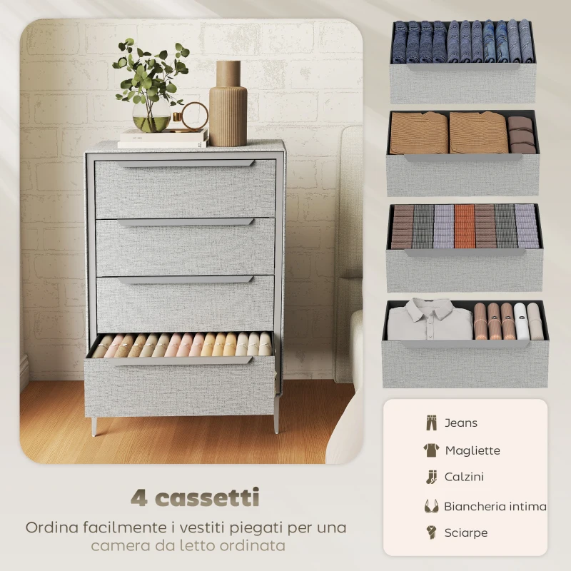 HOMCOM Cassettiera 4 Cassetti in Acciaio con Rivestimento in Tessuto Effetto Lino, 60x36x88 cm, Grigio