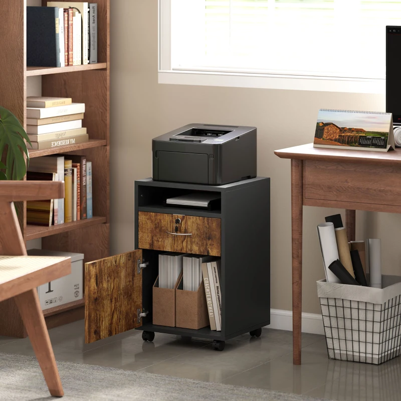 HOMCOM Mobile per Ufficio con Ripiano Aperto, Cassetto con Serratura e Armadietto, 40x35x60 cm, Marrone
