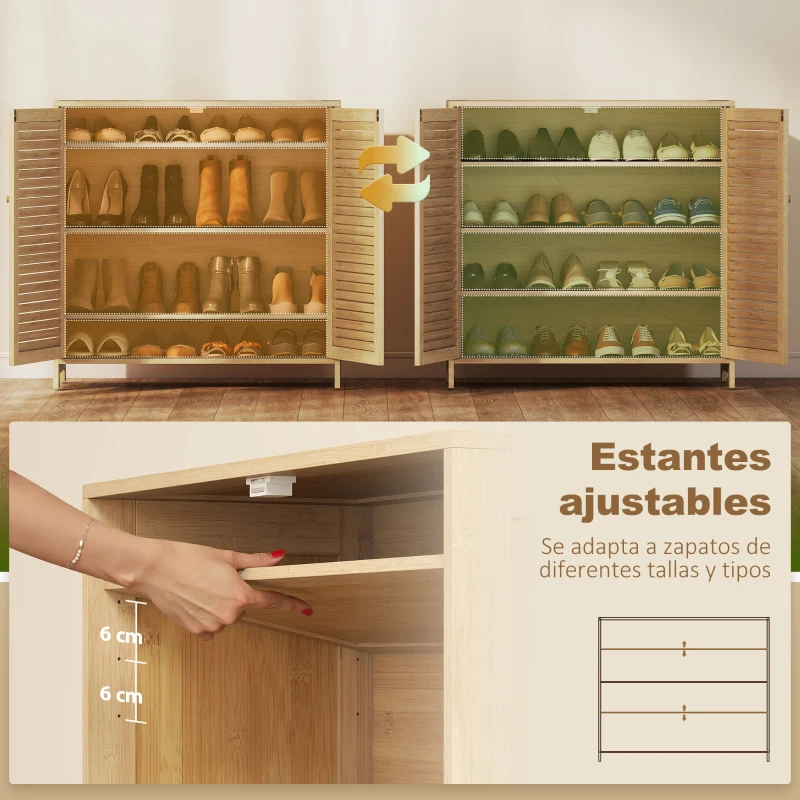 HOMCOM Armario para Zapatos de Bambú con Puertas de Persiana Capacidad para 14 Pares Estantes Ajustables Natural