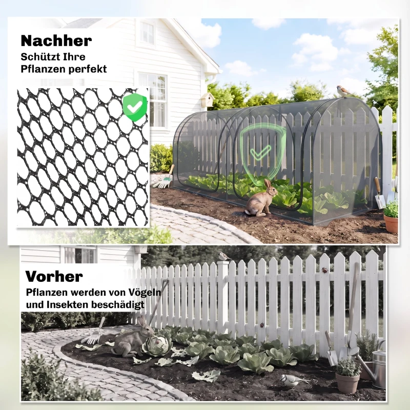 Outsunny 2,49 x 1,2 m Gartennetz, Pflanzenschutzzelt mit Tür, Winddichtes Schädlingsschutznetz mit Stahlrahmen, Schwarz