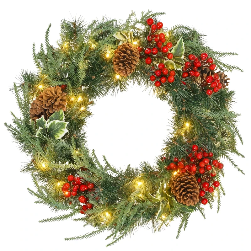 HOMCOM Couronne de Noël lumineuse 60 cm avec 35 LED, minuterie, 170 pointes, pommes de pin, baies, feuilles de houx, vert