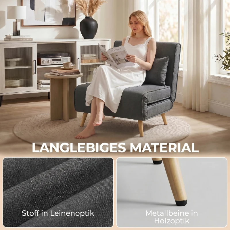 HOMCOM 3-in-1 Faltbarer Schlafstuhl, Schlafsessel aus Leinenoptik mit verstellbarer Rückenlehne und dicker Polsterung, Grau