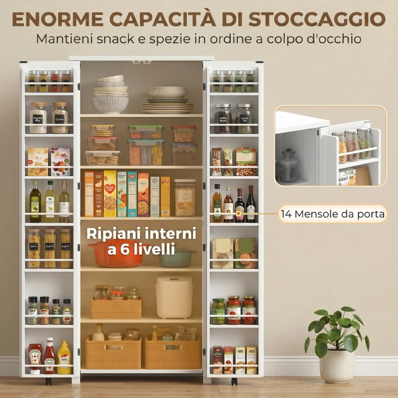 HOMCOM Mobile Cucina Alto con Ruote, 2 Ante, 14 Scomparti, 80x40x180 cm, Bianco