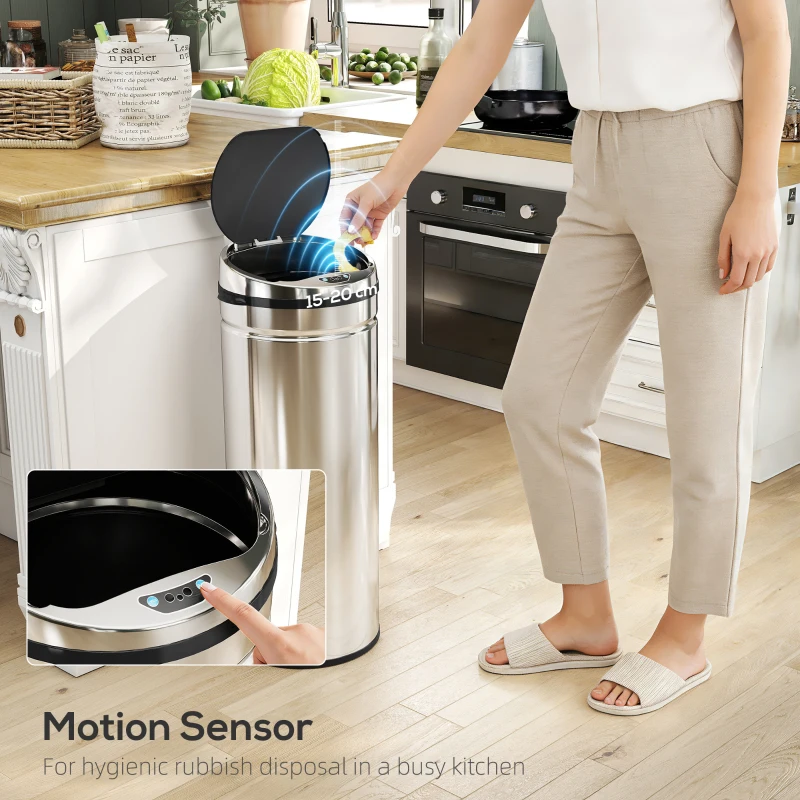 HOMCOM 50L Stainless Steel Sensor Bin - Silver Tone