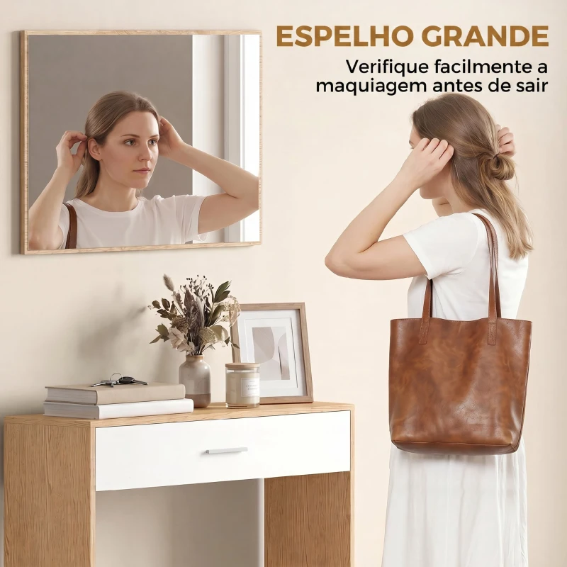 HOMCOM Móvel de Entrada com Espelho, Gaveta e Prateleira para Corredor 91,5x27,9x85,5 cm Carvalho