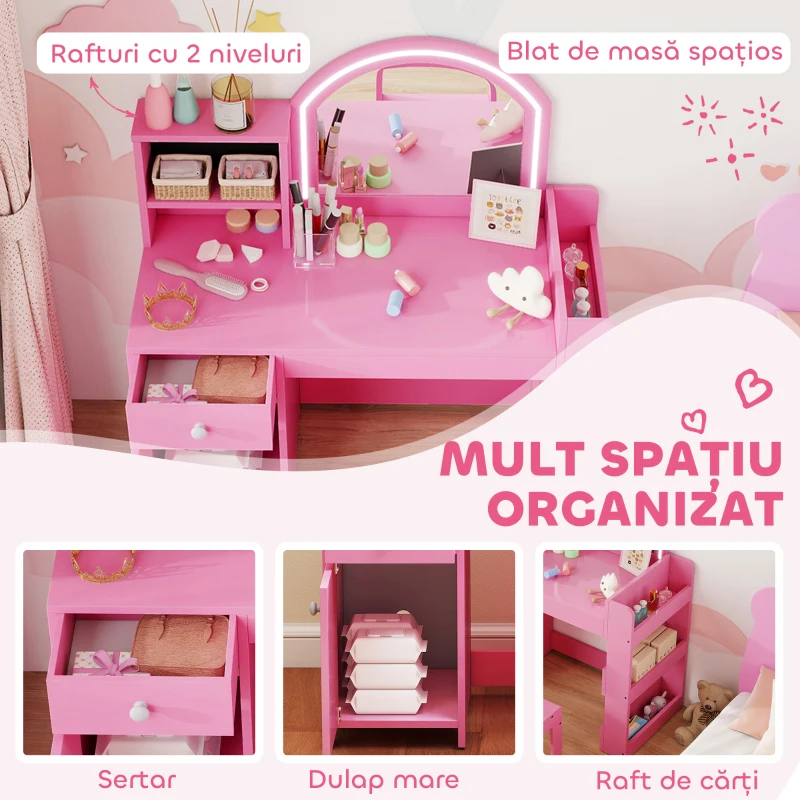 AIYAPLAY Set Măsuță de Machiaj pentru Copii 3-8 Ani 2 în 1 cu Oglindă și Scaun, Roz