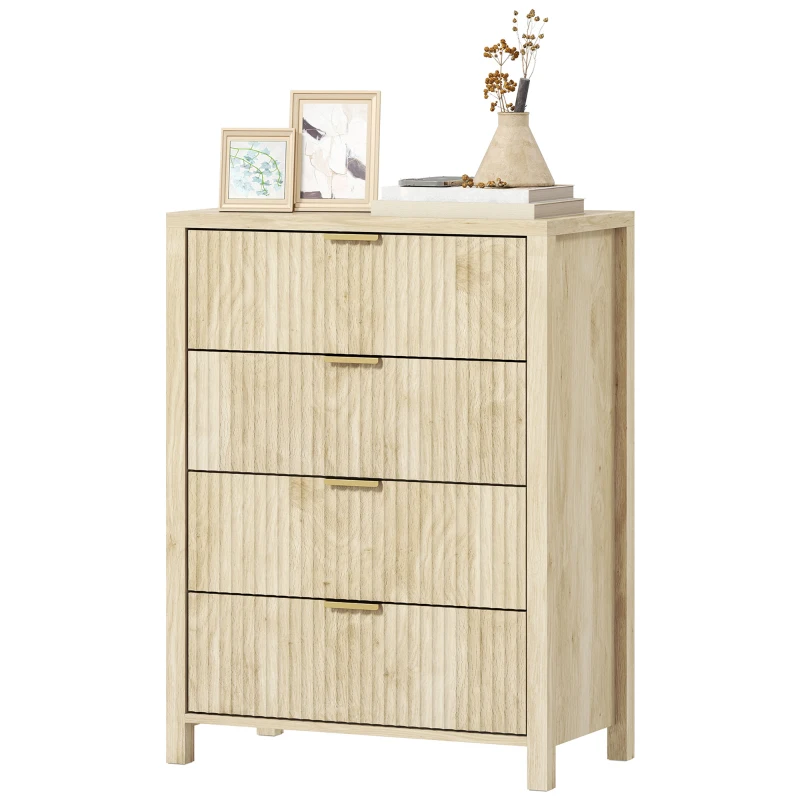 HOMCOM Comodă cu 4 sertare scanalate și mânere aurii, 70x38x93 cm, lemn natural